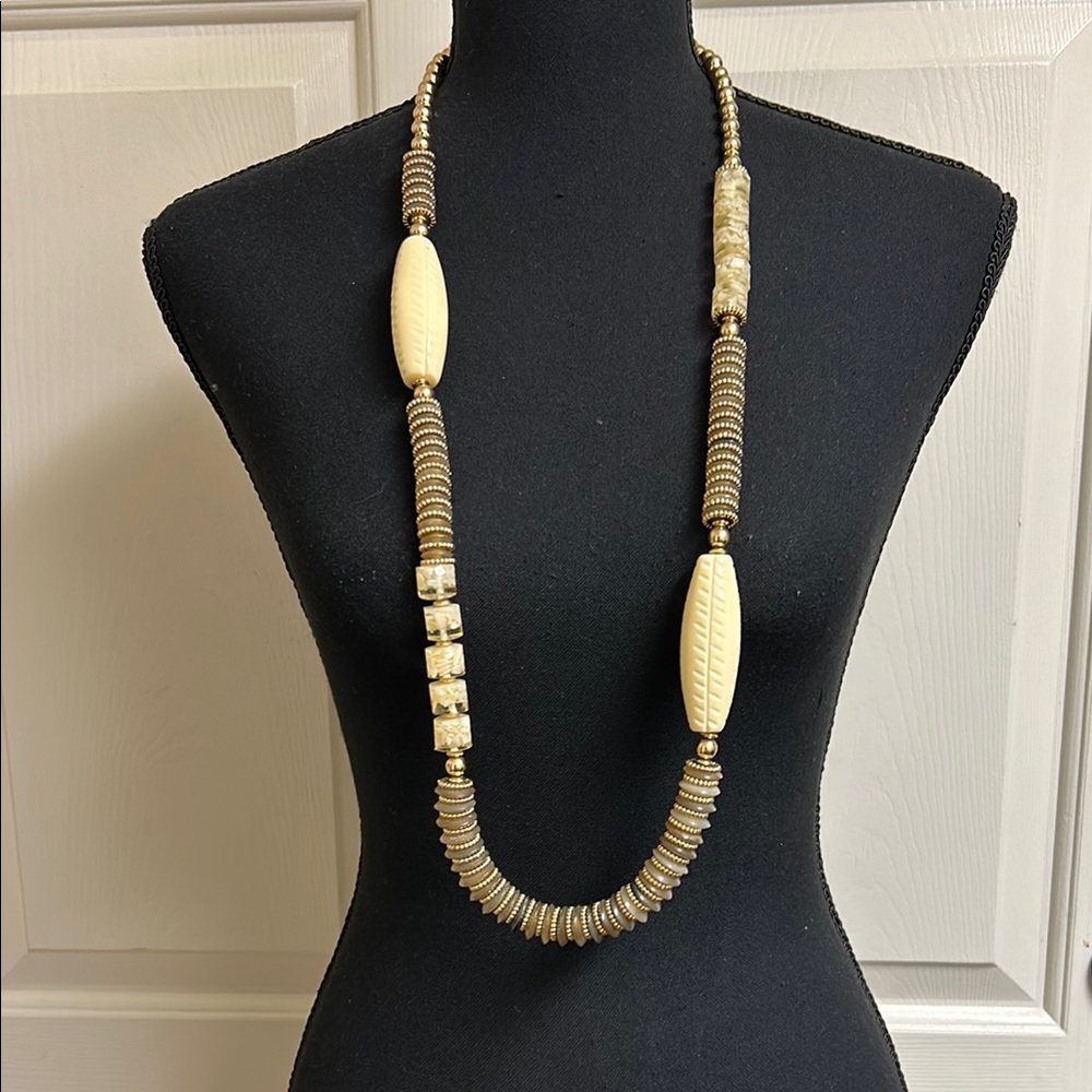 Chico’s Elegant Beige and Brown Beaded Necklace, 42”, Excellent Condition